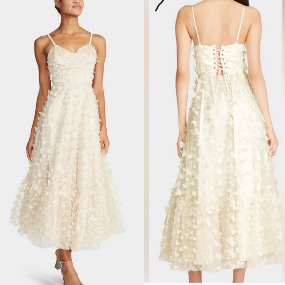 Mable Cream 3D Butterfly Lace-Up Midi Dress Corset Sweetheart Tiered Lulus - Picture 12 of 12